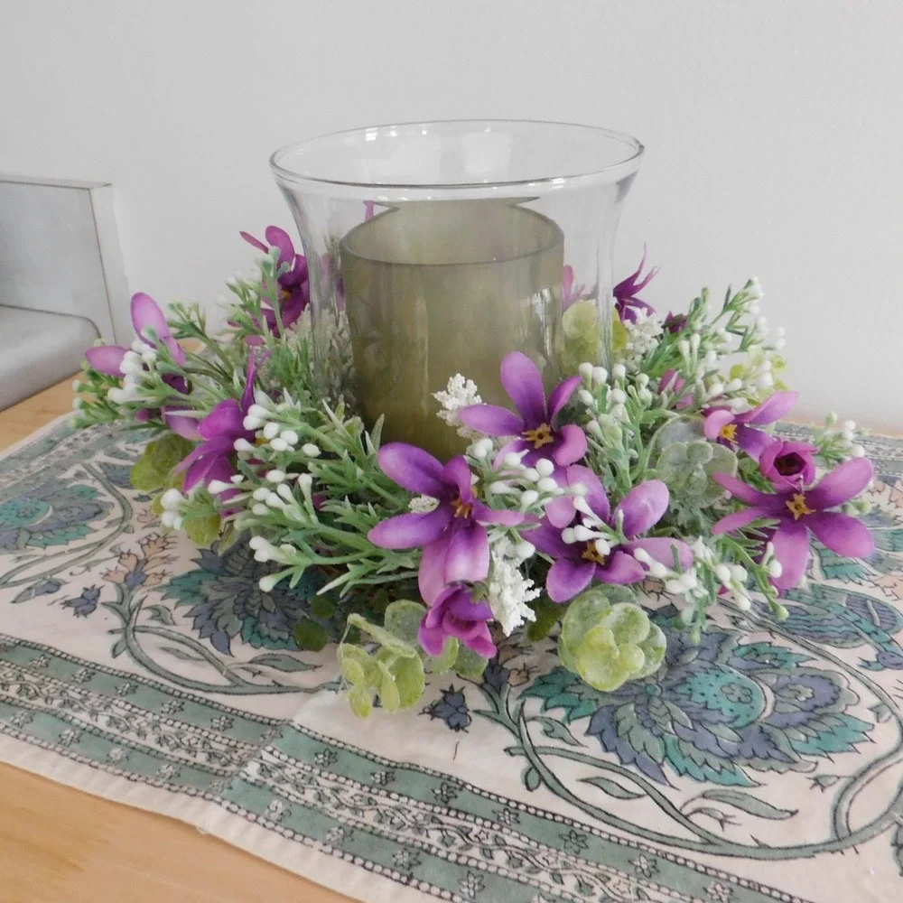 Dusty Miller Mini Wreath‎ Eucalyptus Purple Flowers Candle Ring